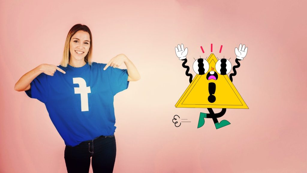 Portrait d'une jeune femme heureuse pointant sur son t-shirt avec l'icône facebook