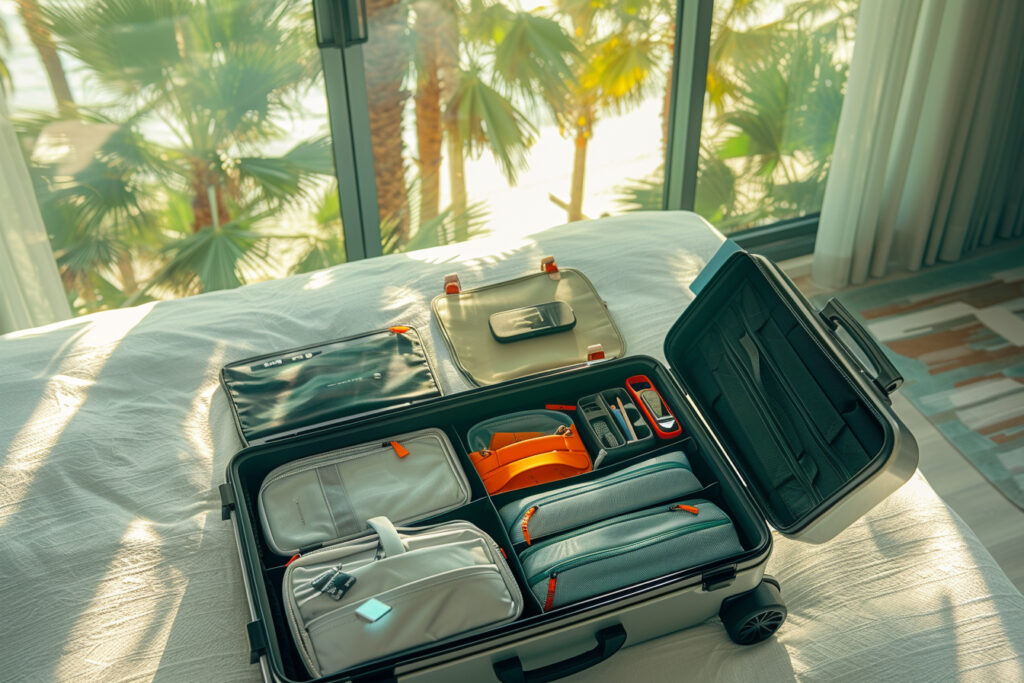 accessoires high-tech vacances : valise ouverte avec divers accessoires technologiques pour les vacances