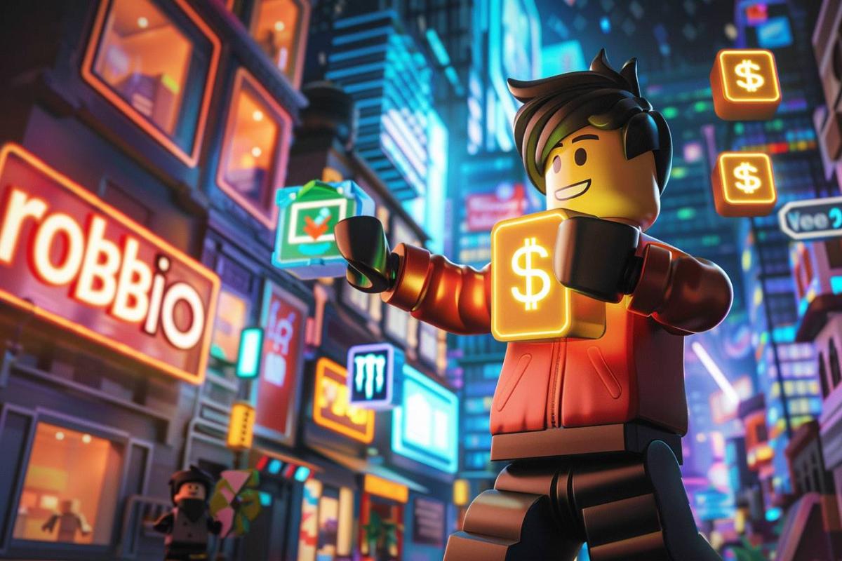 Robux gratuits : illustration de Robux et icônes de création de contenu Roblox