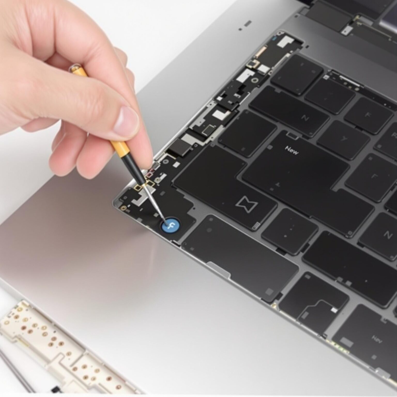 réparation haut-parleurs MacBook : personne réparant un haut-parleur de MacBook avec des outils