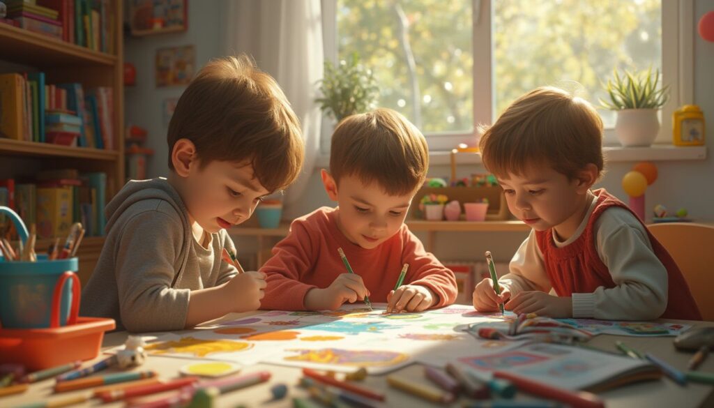 coloriage : enfant coloriant un dessin avec concentration