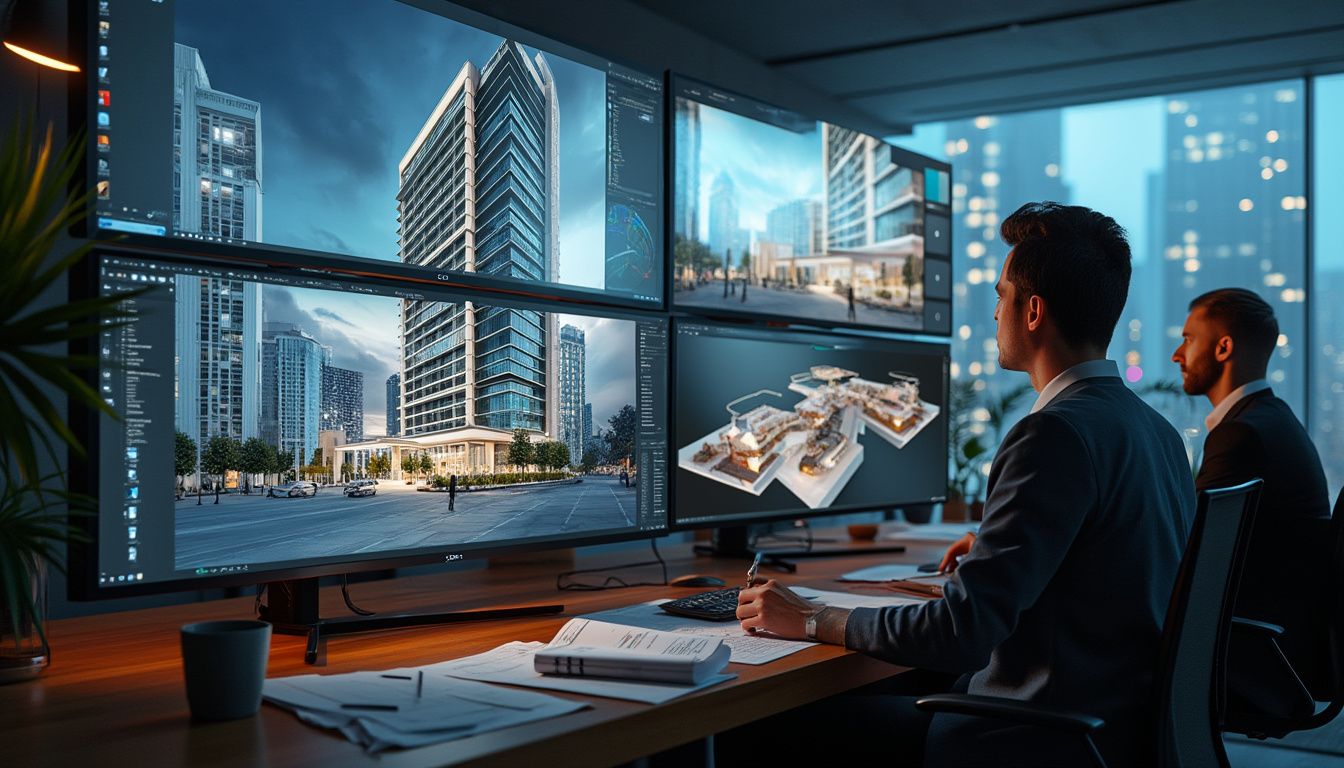 logiciels 3D : visualisation 3D architecturale d'un bâtiment moderne