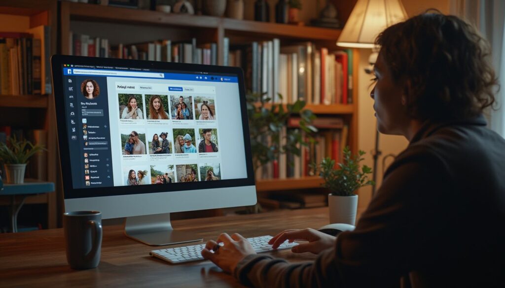 téléchargement albums photos Facebook : illustration d'une interface Facebook avec des albums photos et une option de téléchargement