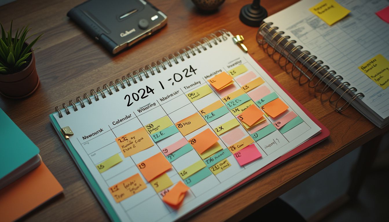 calendrier marketing 2024-2025 : vue d'un calendrier digital avec des dates marquées pour des campagnes marketing