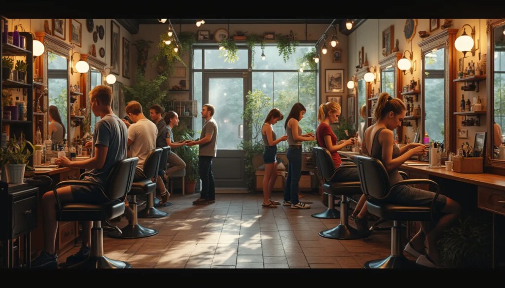 salon de coiffure sans diplôme : salon de coiffure moderne avec coiffeurs au travail