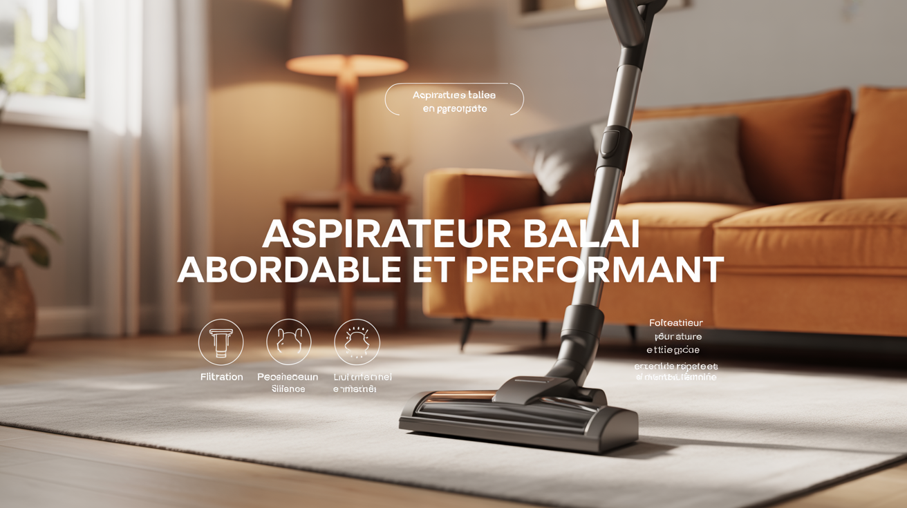 aspirateur balai moderne sur sol avec icônes filtration et entretien