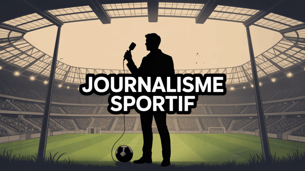 Journalisme Sportif silhouette commentateur devant stade