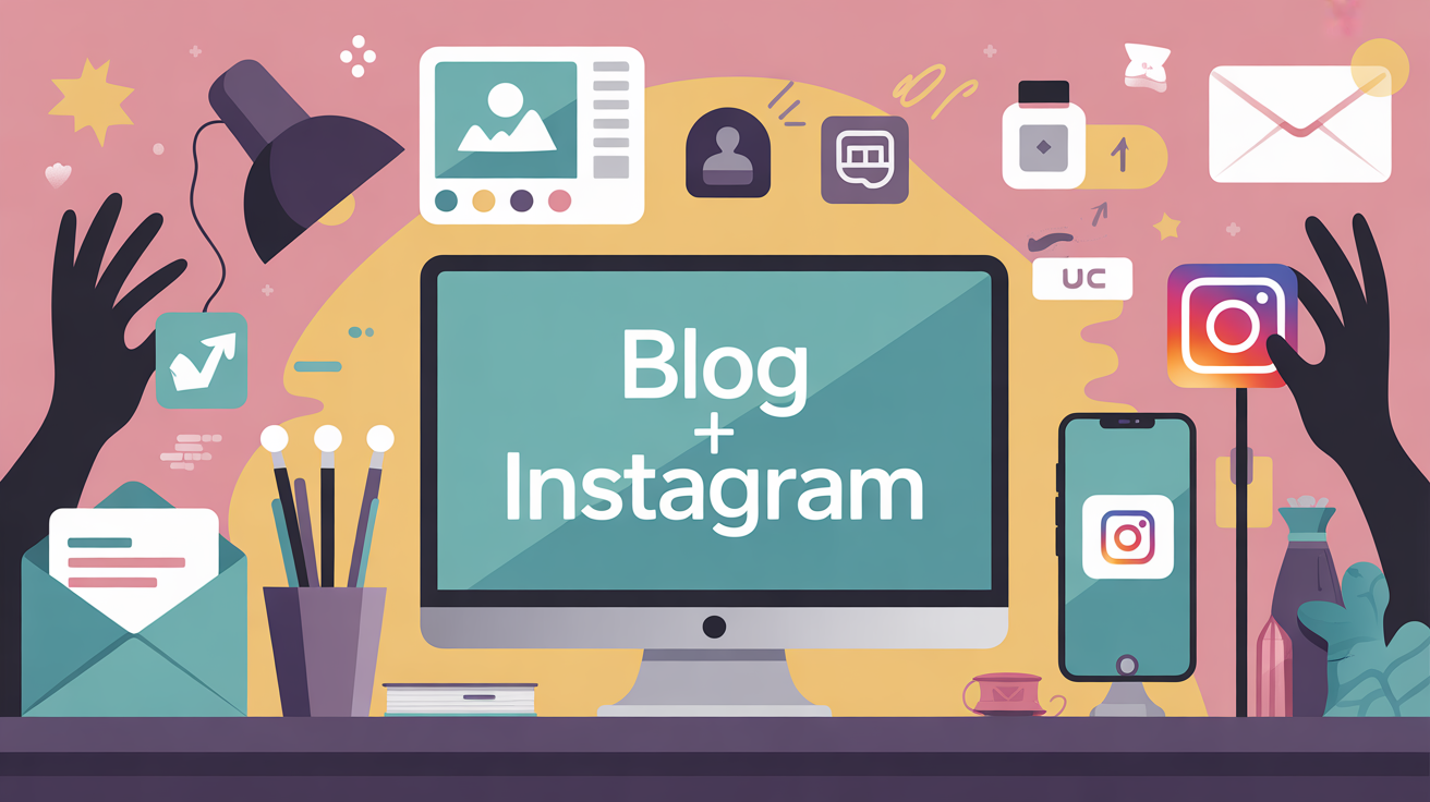 Image synergie blog et Instagram, bureau, ordinateur, smartphone, newsletter