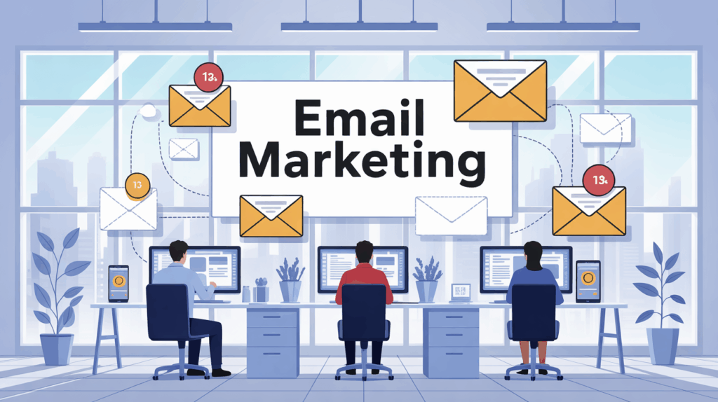 Illustration email marketing moderne bureau productif