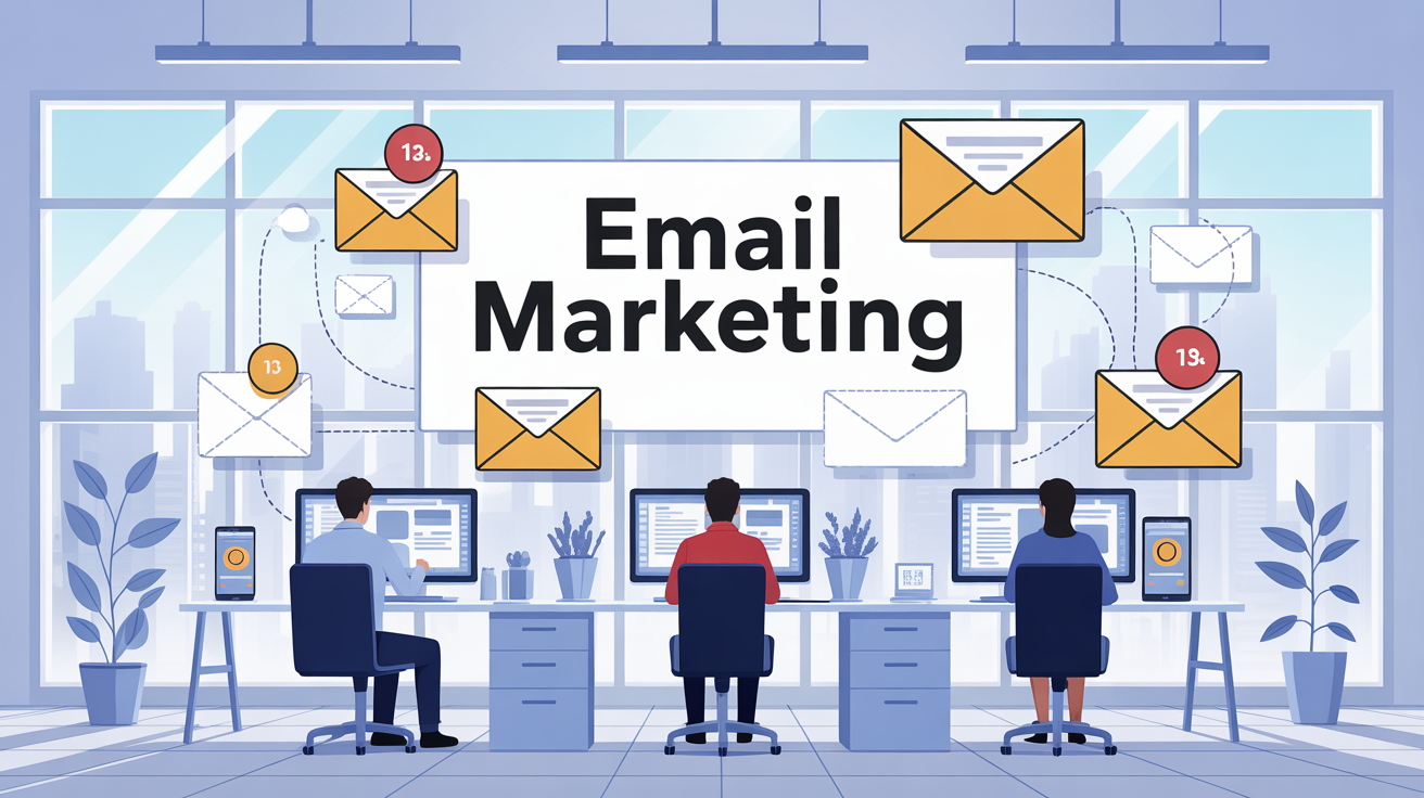 Illustration email marketing moderne bureau productif