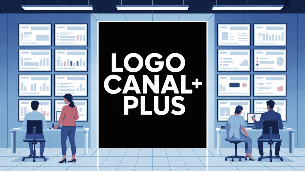 Salle de travail moderne avec écrans, logo canal plus