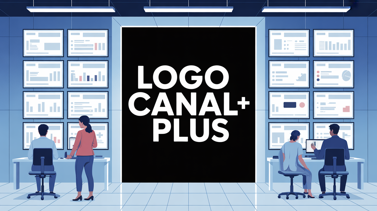 Salle de travail moderne avec écrans, logo canal plus