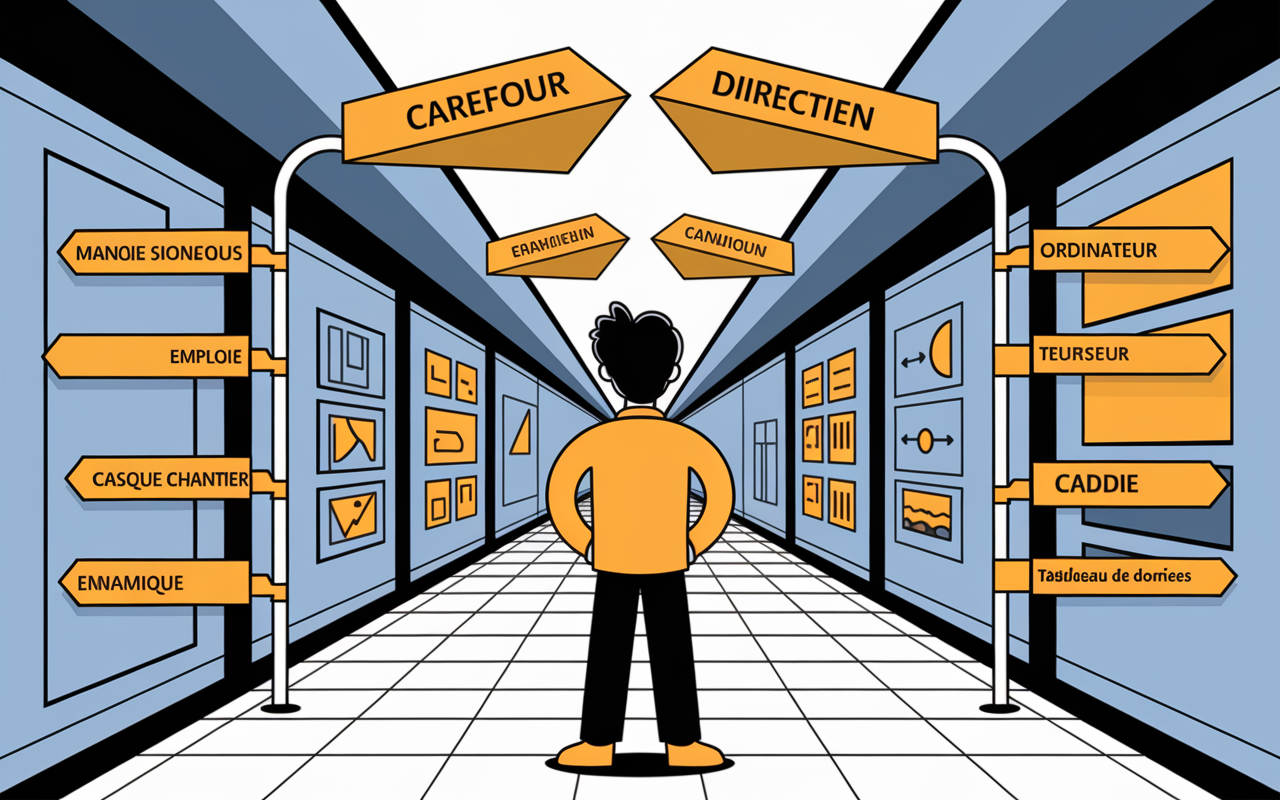 personnage reconvert carrefour, panneaux metiers