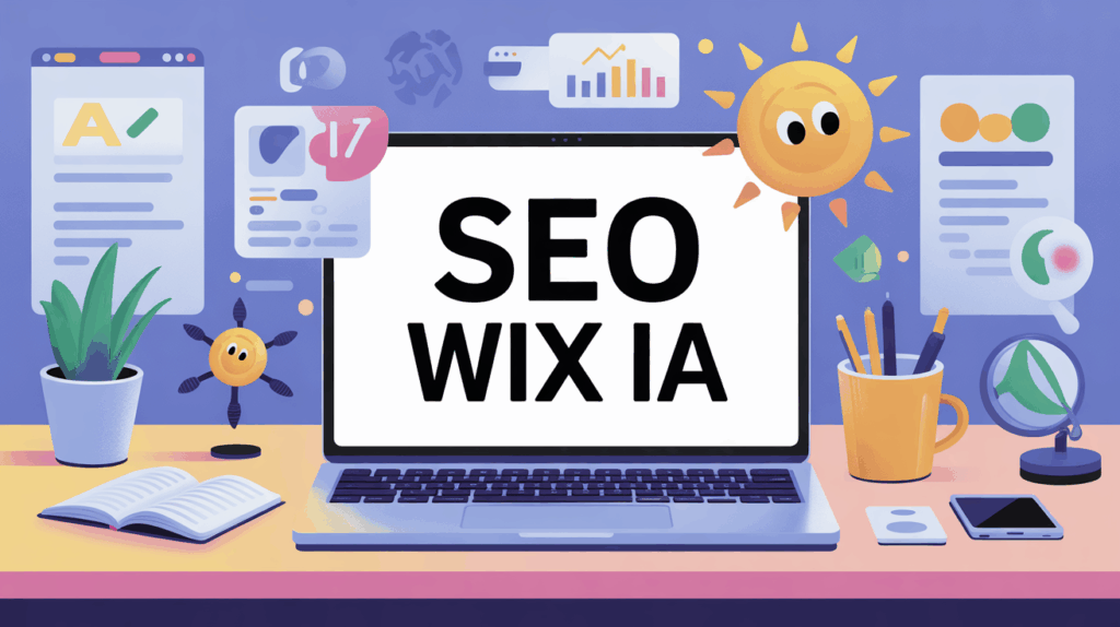 Ordinateur avec symboles IA et SEO Wix IA