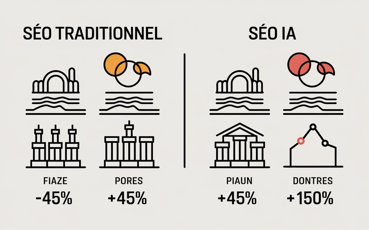 Tableau SEO traditionnel vs IA chiffres et icones