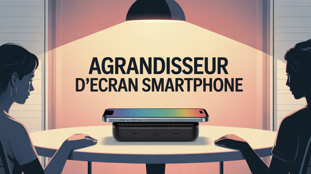 agrandisseur d'écran smartphone posé sur table en usage collectif