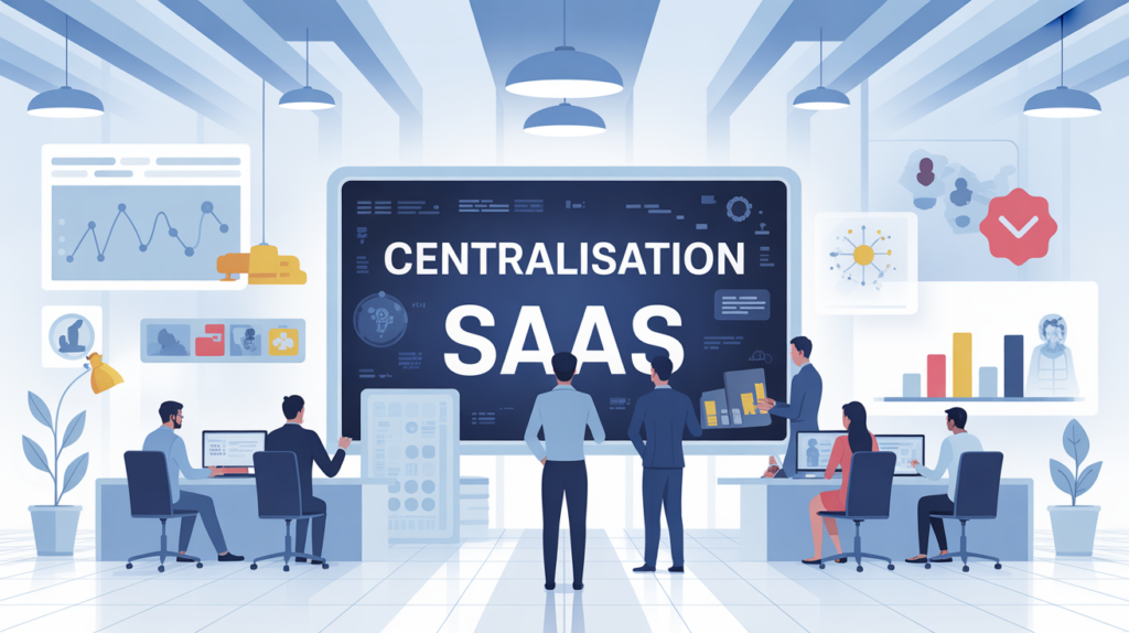 Centralisation SaaS moderne silhouettes collaboration