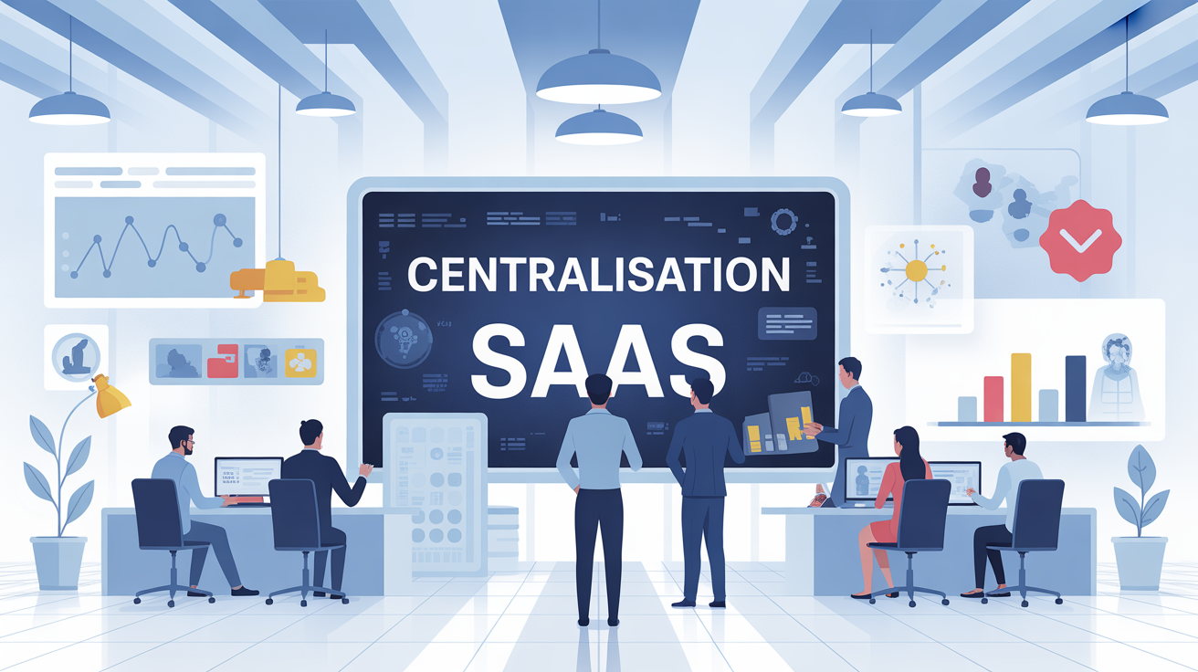 Centralisation SaaS moderne silhouettes collaboration