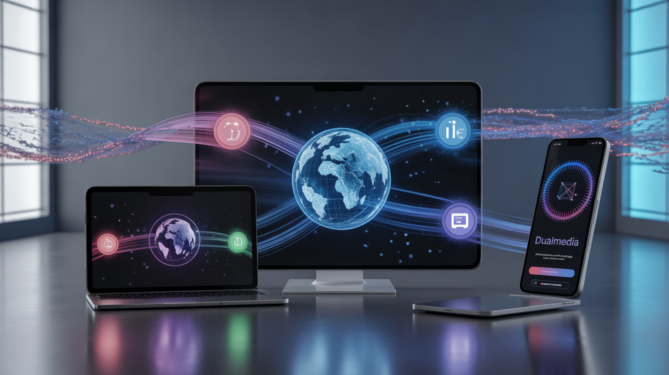 Plateforme DualMedia connectee sur smartphone tablette et PC, IA blockchain