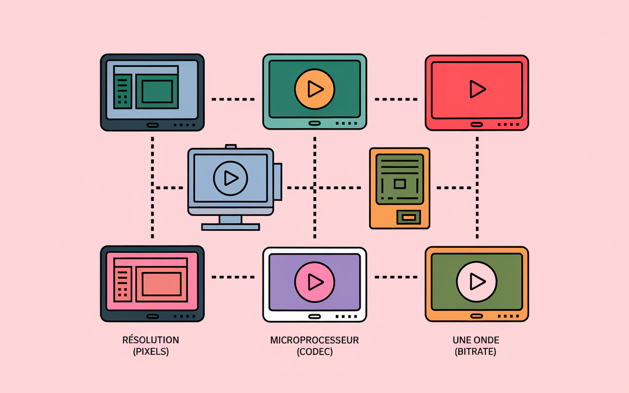 Schema facteurs variation taille film resolution codec bitrate
