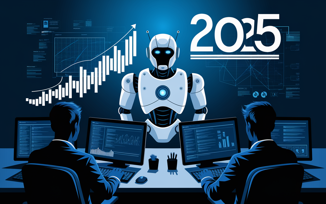 Bureau digital silhouettes travaillant IA veille high-tech 2025