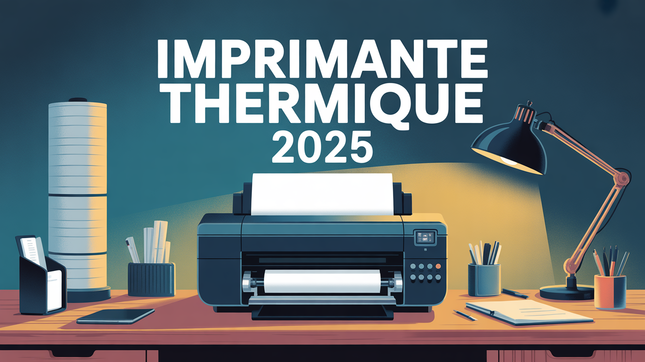 Gros plan imprimante thermique 2025 avec rouleaux et accessoires