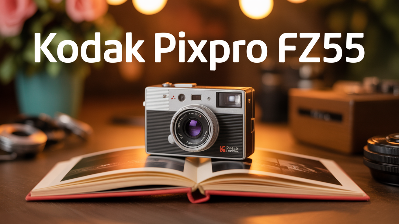 Kodak Pixpro FZ55 posé sur album photo vintage rétro