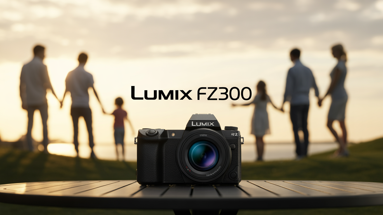 Appareil photo Lumix FZ300 sur table, famille en arrière-plan flou