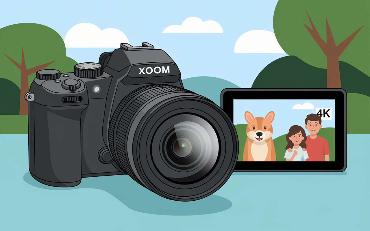 Zoom x24 Lumix FZ300, animal ou famille à l'écran avec icône vidéo 4K