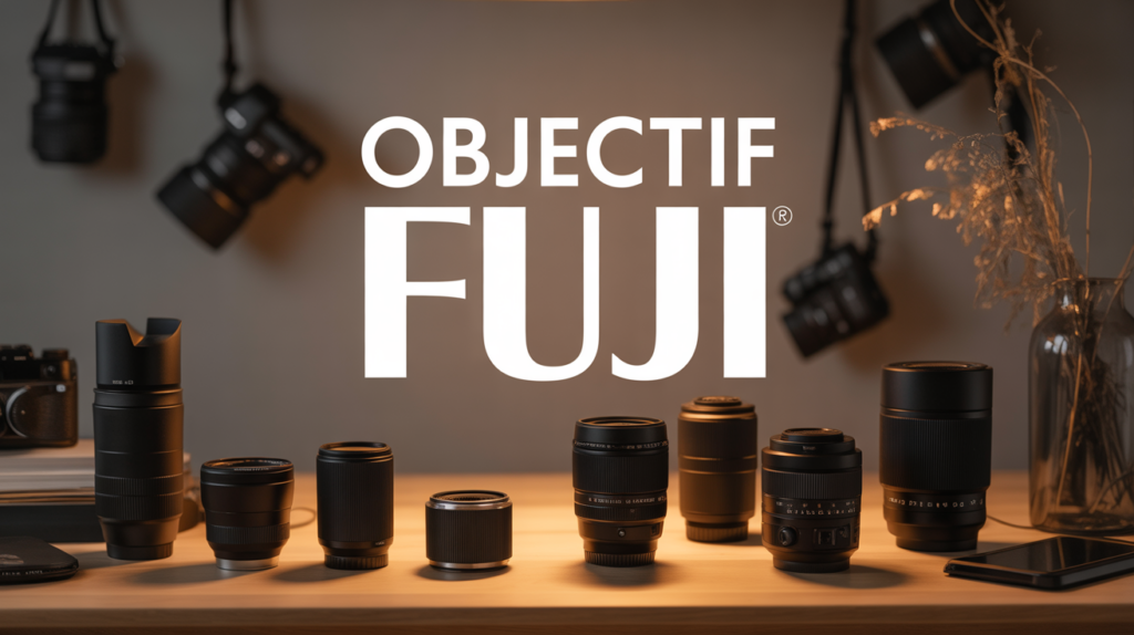 Objectif Fuji sur table en bois avec boitiers et accessoires
