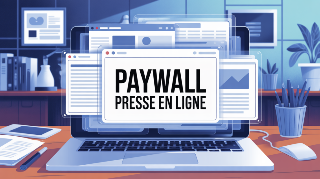 Ordinateur stylisé avec barrières paywall presse