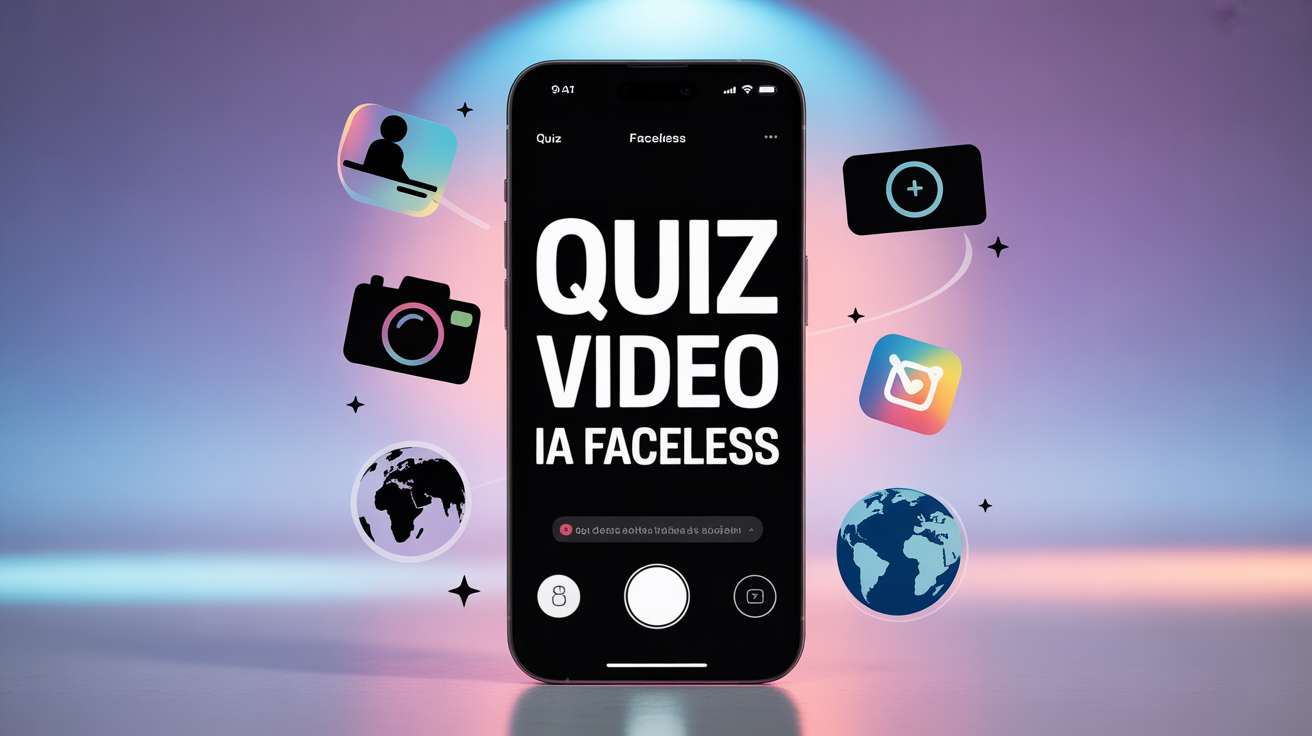 Quiz vidéo IA faceless sur smartphone, ambiance virale moderne