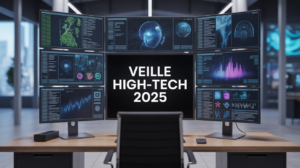 Bureau moderne dynamique affichant veille high-tech 2025 IA XR