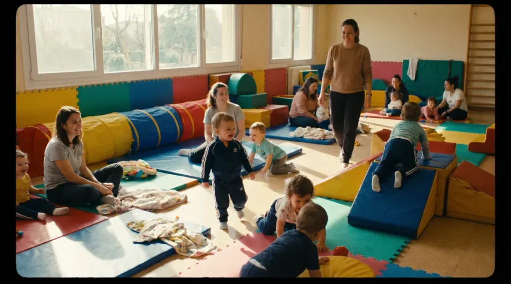 Salle de baby gym colorée et sécurisée avec enfants