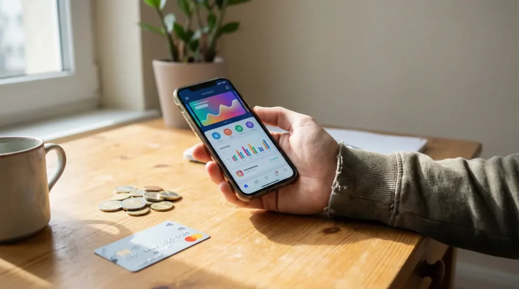 main tenant smartphone affichant interface banque digitale