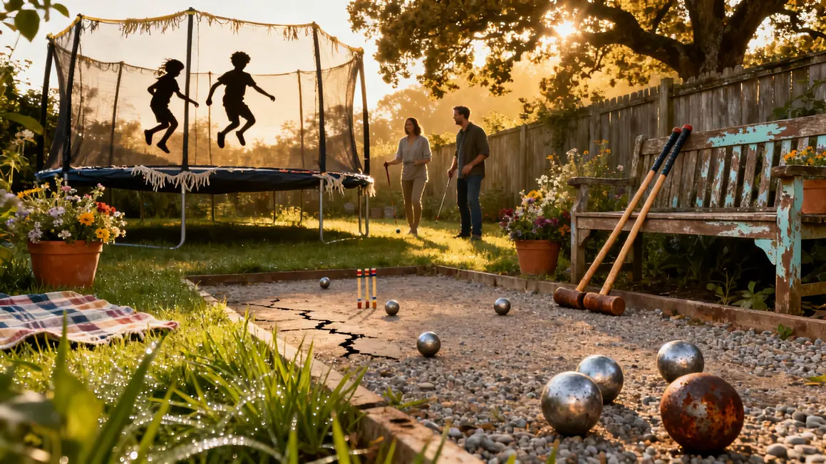 famille jeux plein air trampoline pétanque croquet