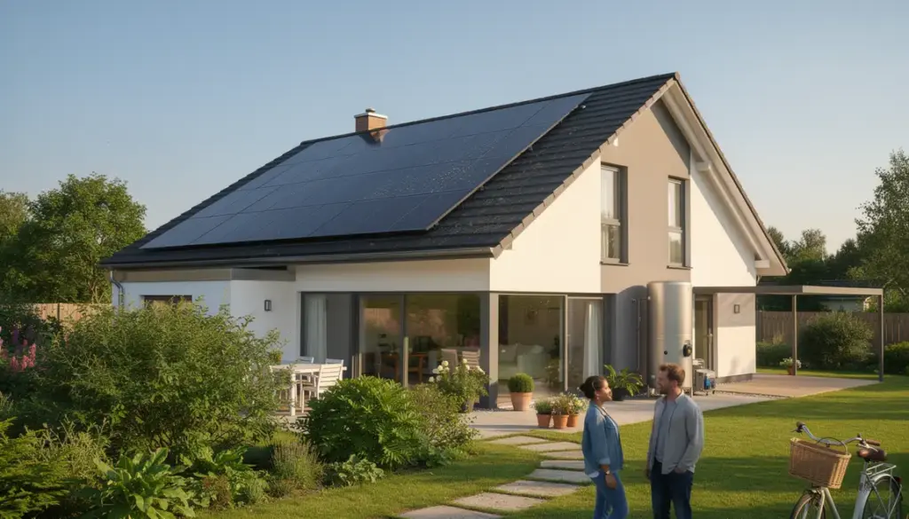 Maison avec panneaux solaires thermiques et ballon de stockage
