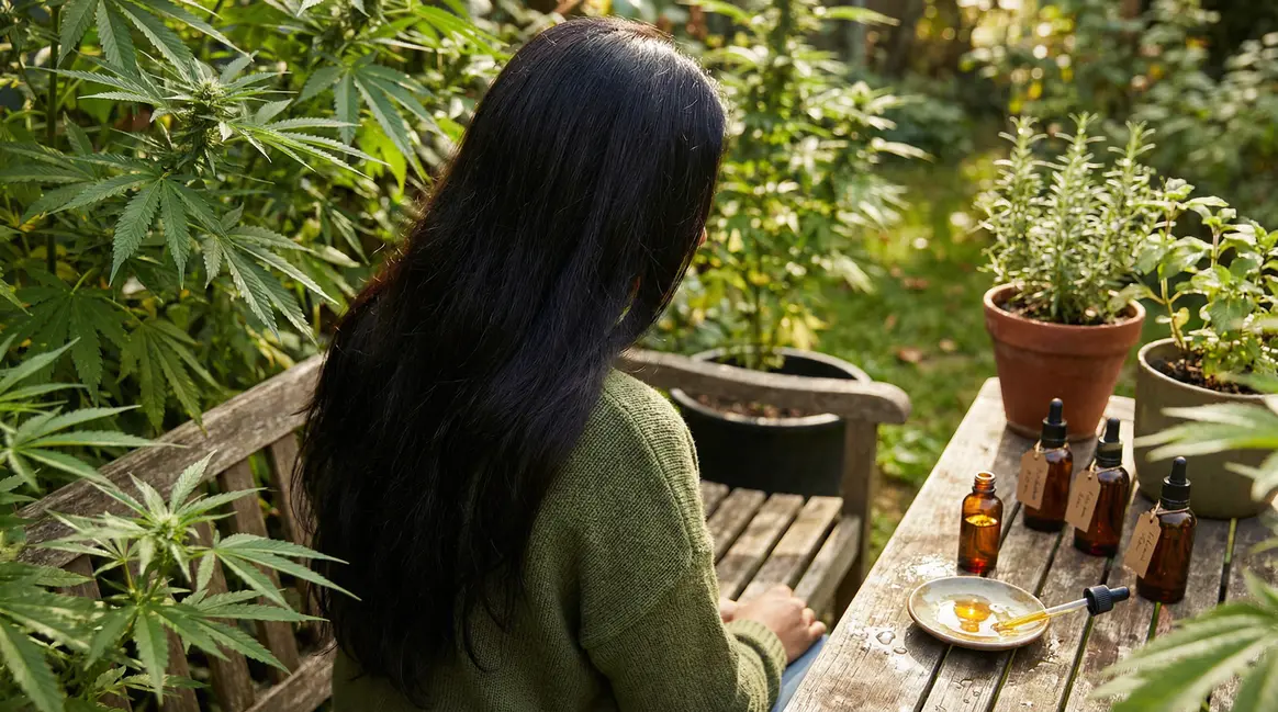 Cheveux brillants flacons huile CBD feuilles chanvre