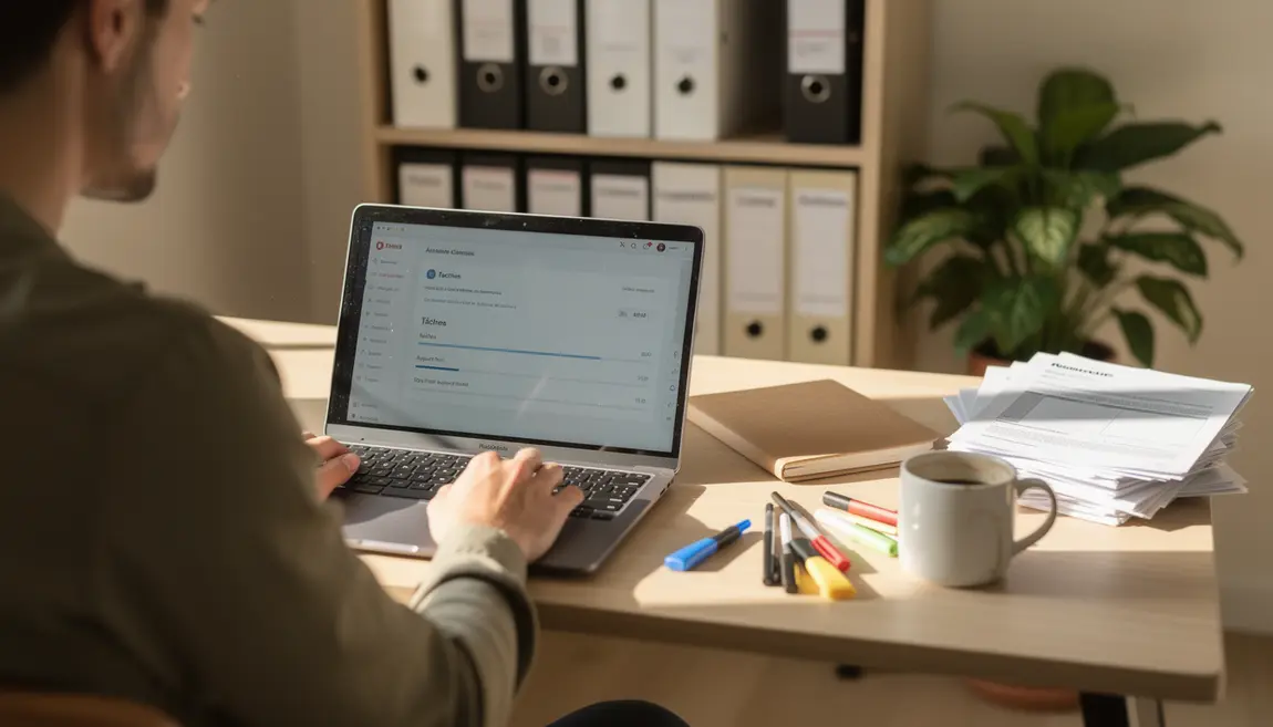 Bureau lumineux auto entrepreneur avec ordinateur et cafe