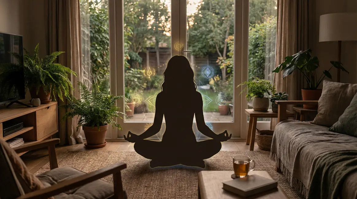 Personne en meditation symboles energie massage tantrique