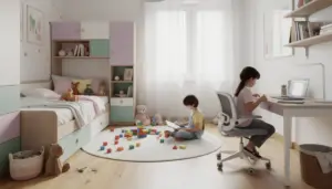 Chambre enfant moderne avec mobilier multifonction et rangements