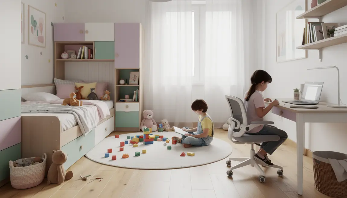 Chambre enfant moderne avec mobilier multifonction et rangements