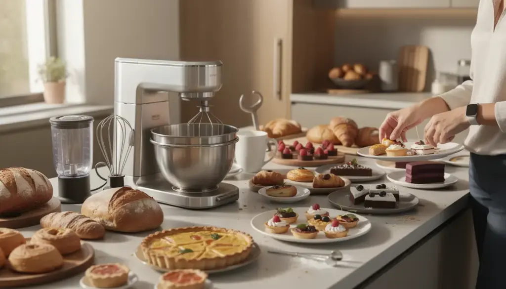 Robot pâtissier multifonction et accessoires en cuisine moderne