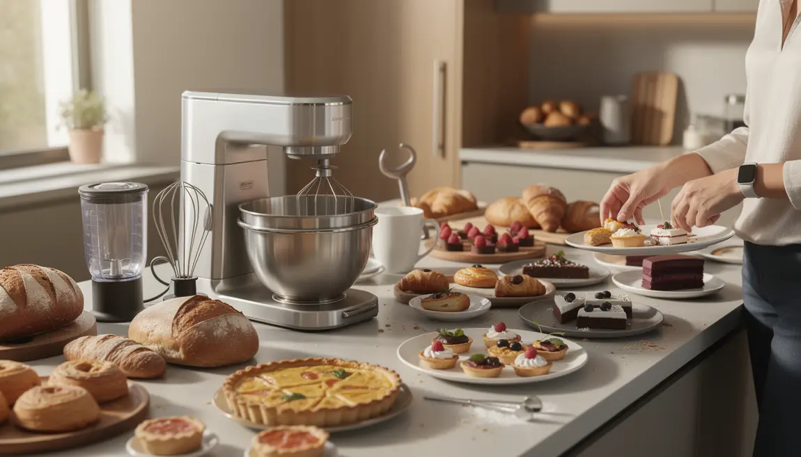Robot pâtissier multifonction et accessoires en cuisine moderne