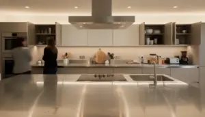 Vue cuisine professionnelle inox hotte led double evier