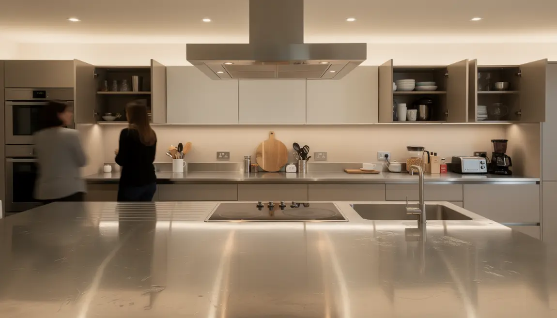 Vue cuisine professionnelle inox hotte led double evier