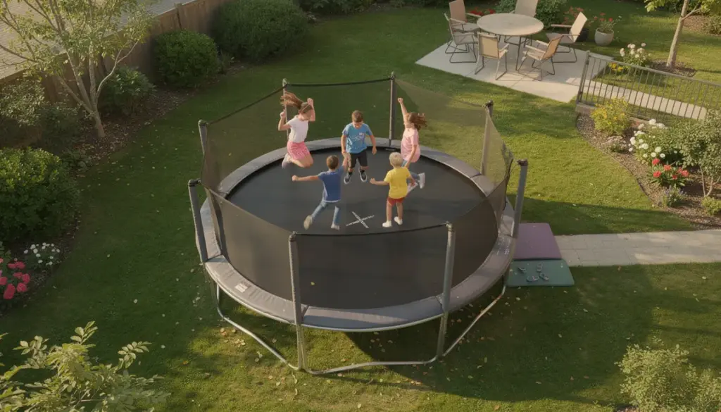 Vue aérienne enfants trampoline rond jardin