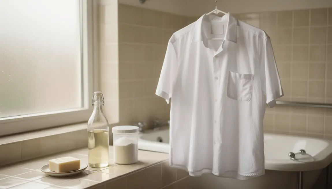 Chemise blanche suspendue lavage naturel salle de bain