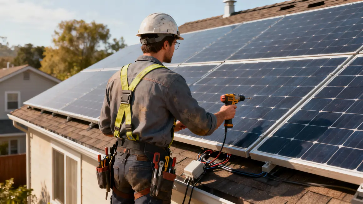 Technicien inspectant panneaux solaires entretien toiture