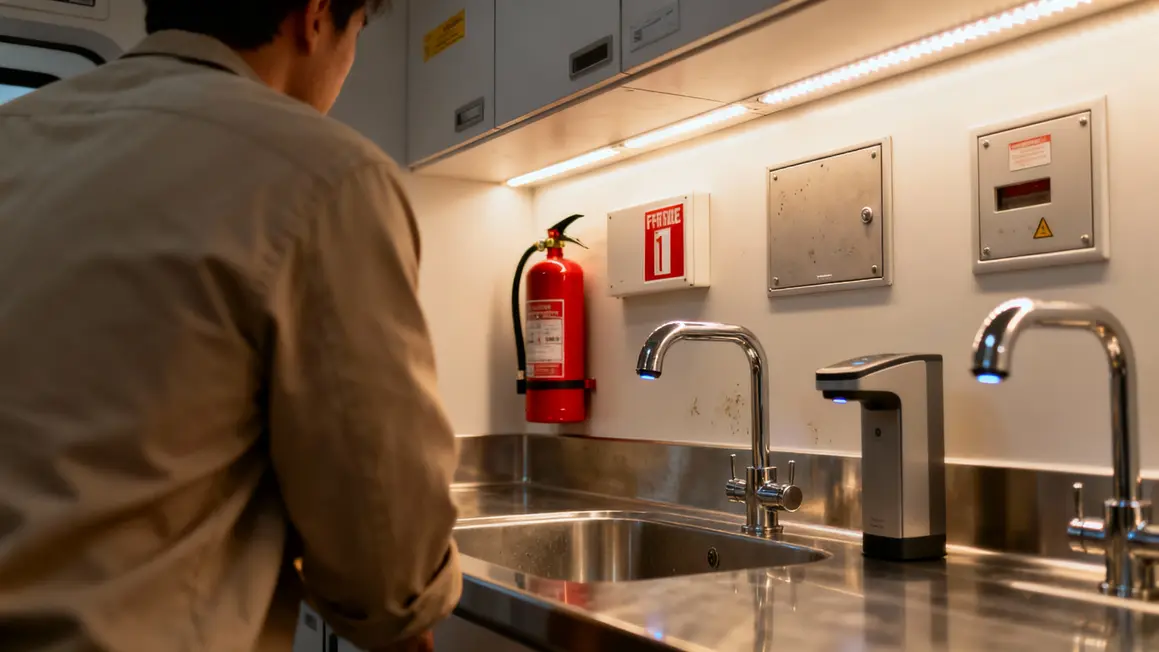 Zone evier inox extincteur sécurité hygiène